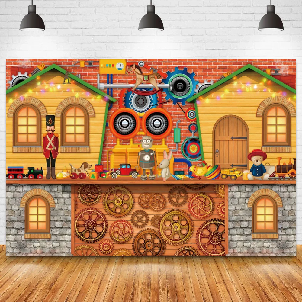 

Механическое снаряжение кирпичная стена дома мультяшный тематический фото фон новорожденный ребенок дети день рождения декорация для семейвечерние постер