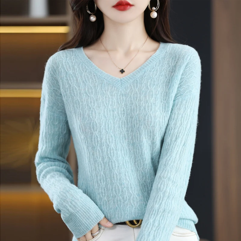 

Fashion Slim Fit 100% Wool V-Neck Sweater Solid Color Knit Cropped Jacket Ladies 100% Wool Sweater Hot Sale Long Sleeve Pullover