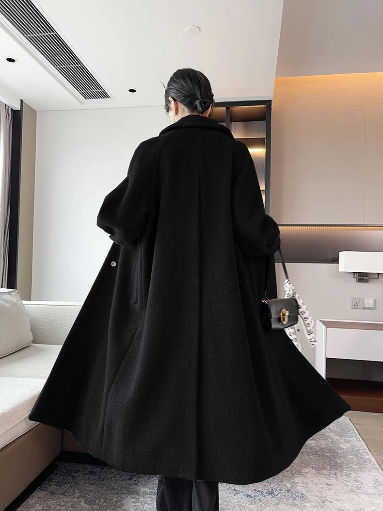 Зимнее пальто из альпаки женское однобортное черное шерстяное новинка 2024