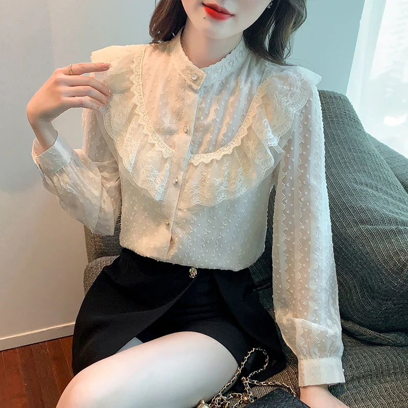 

Новинка весны 2022, шифоновая рубашка, Женская винтажная блузка с длинными рукавами, воротником-стойкой и оборками в идиллическом стиле, круж...