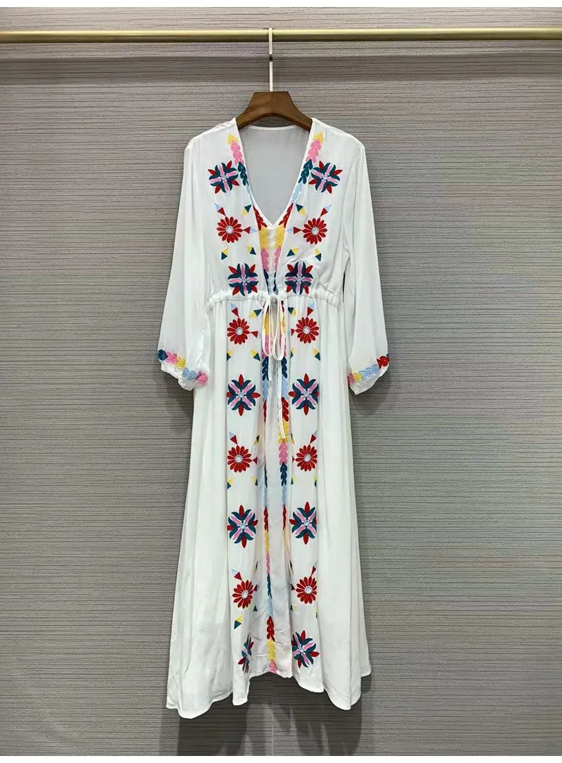 Bohemian Long Dress 2022 Summer Casual Ladies V-Neck Colorful Floral Embrodiery Drawstring Waist Long Sleeve White Dress Maxi