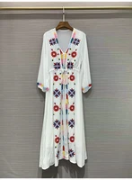 bohemian long dress 2022 summer casual ladies v neck colorful floral embrodiery drawstring waist long sleeve white dress maxi