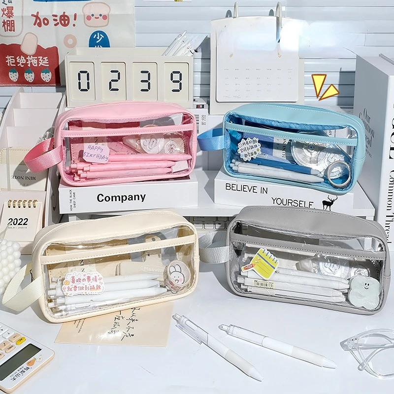 

Clear Large Capacity Cosmetic Bags Brushes Lipstick Eyebrow Pencil Holder Makeup Organizer Student PU Waterproof Stationery Bags