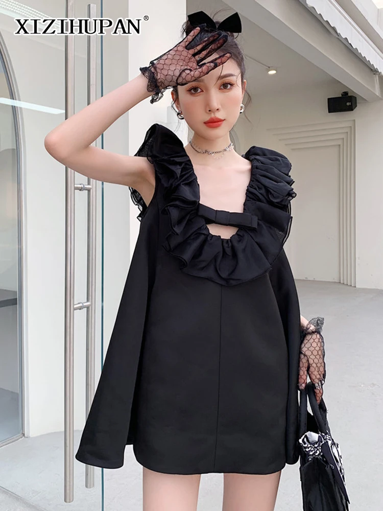 

XIZIHUPAN Elegant Black Dress For Women Sleeveless Patchwork Ruffle Trim Lace Up High Waist Mini Dresses Female 2022 Summer New