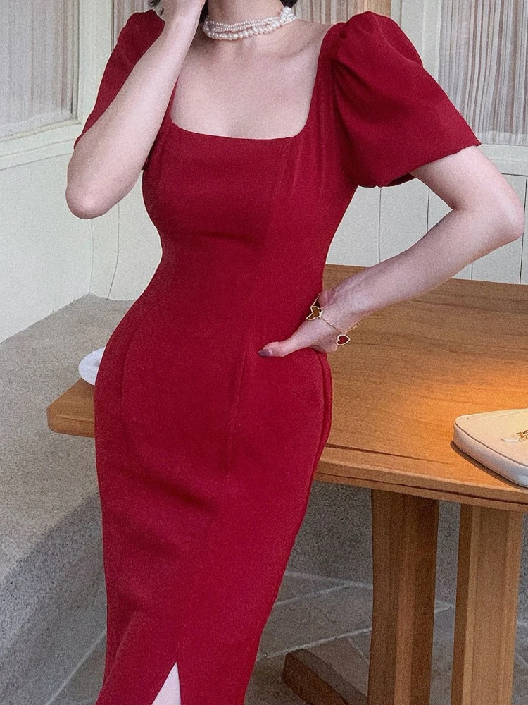 

Женское летнее сексуальное элегантное облегающее платье средней длины, облегающее однотонное женское платье, модная винтажная одежда в Корейском стиле, новинка 2022