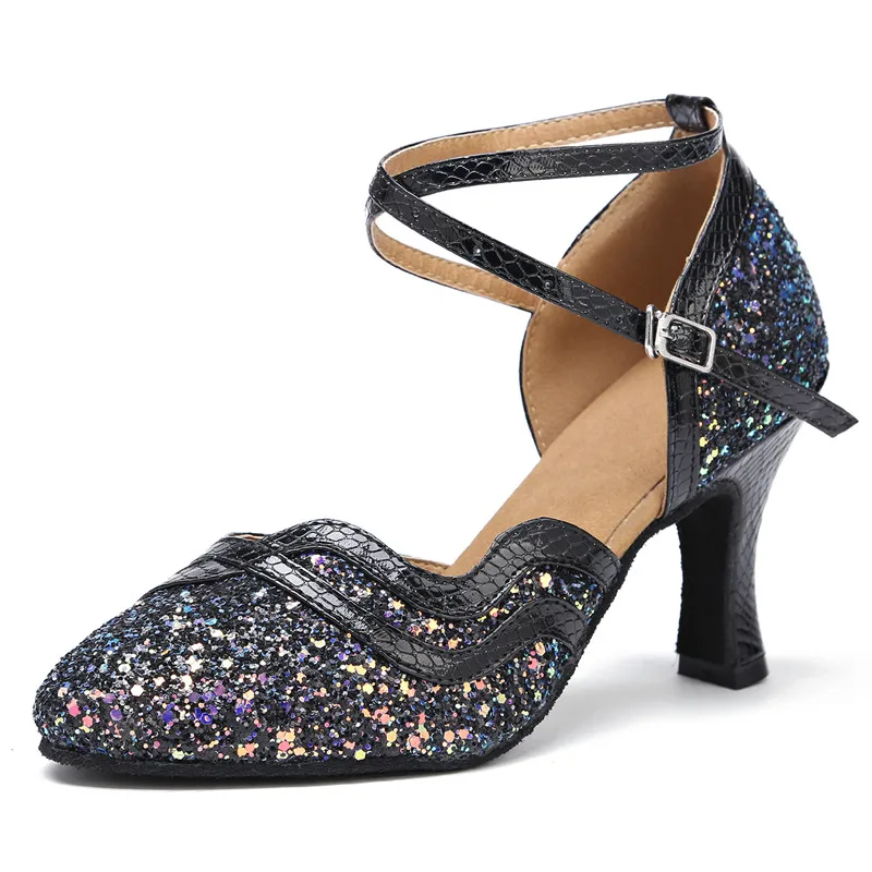 Professional Women Latin Modern dance shoes Ballroom medium high heel dance shoes drill Soft soled Cha cha tango dance shoes