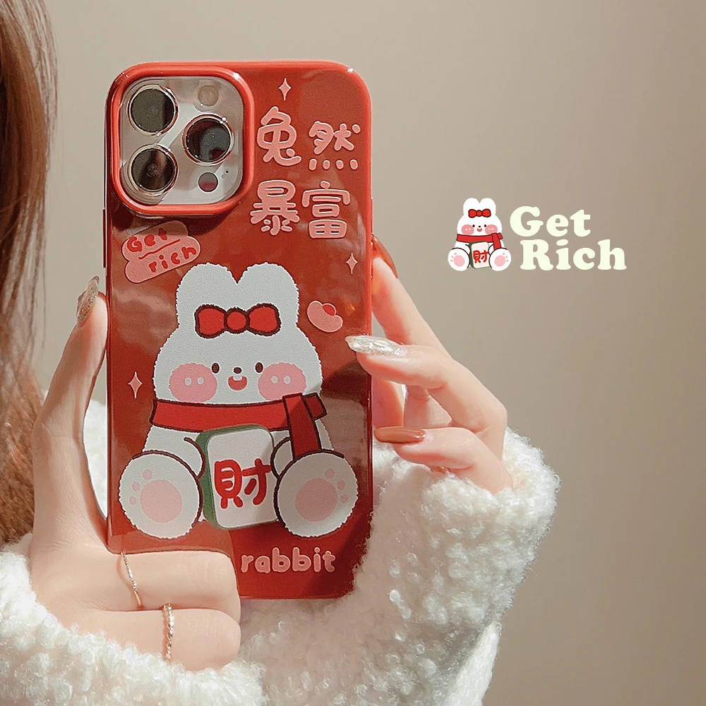 

Cartoon Rich Bunny 2023 Happy New Year Red Phone Case for iPhone 14 12 13 11 Pro ProMax Plus X XR Xsmax Shockproof Phone Cover