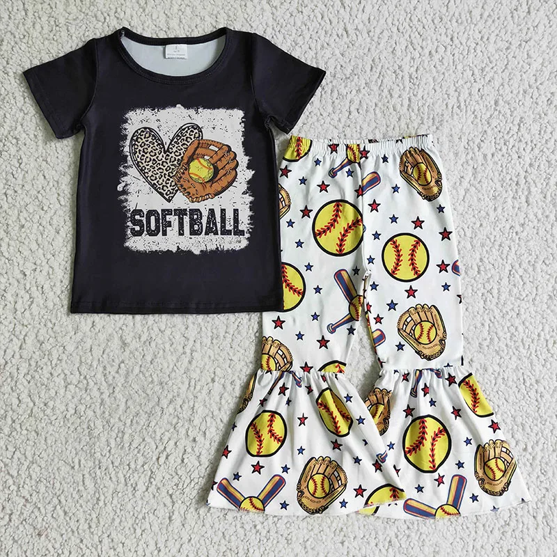 

New kids clothes softball children clothes black short sleeves shirt with bell bottom pants baby clothes for girl outfits