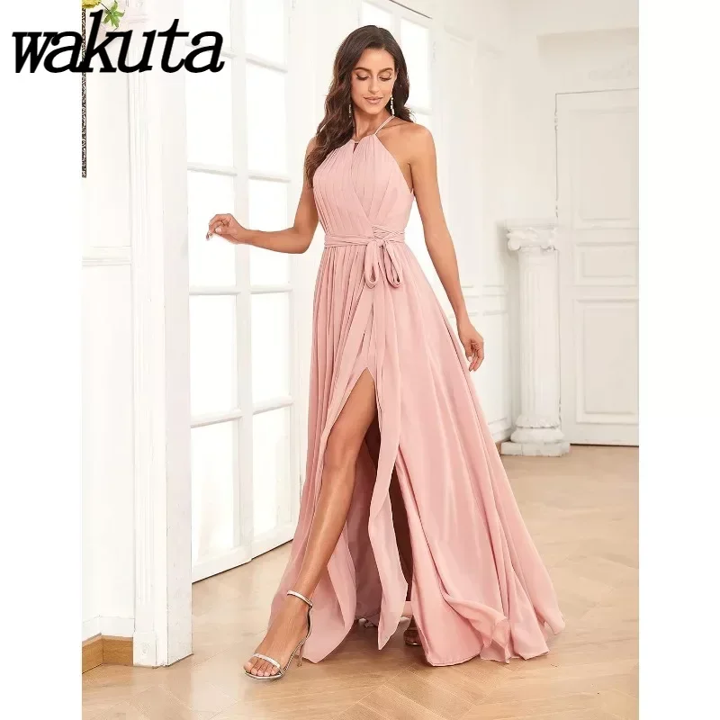 Женское шифоновое платье подружки невесты Wakuta длинное с карманами простые