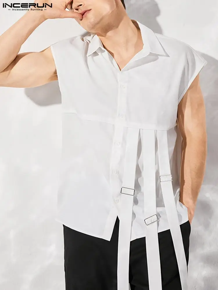 

INCERUN Men Shirt Solid Color Lapel Sleeveless Streetwear 2022 Button Stylish Men Clothing Summer Casual Irregular Shirts S-5XL