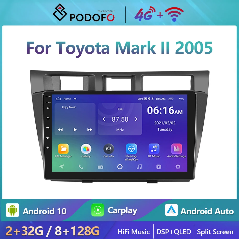 

Автомагнитола Podofo, мультимедийный видеоплеер с GPS-навигацией для Toyota Mark II 2005, 2din, 4G, Wi-Fi