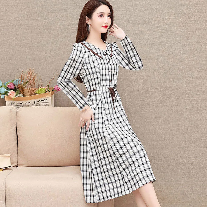 

Шифоновые свободные женские платья, новинка, модная осенняя одежда в клетку с кукольным воротником, длинным рукавом, а-силуэт, до колена, жен...