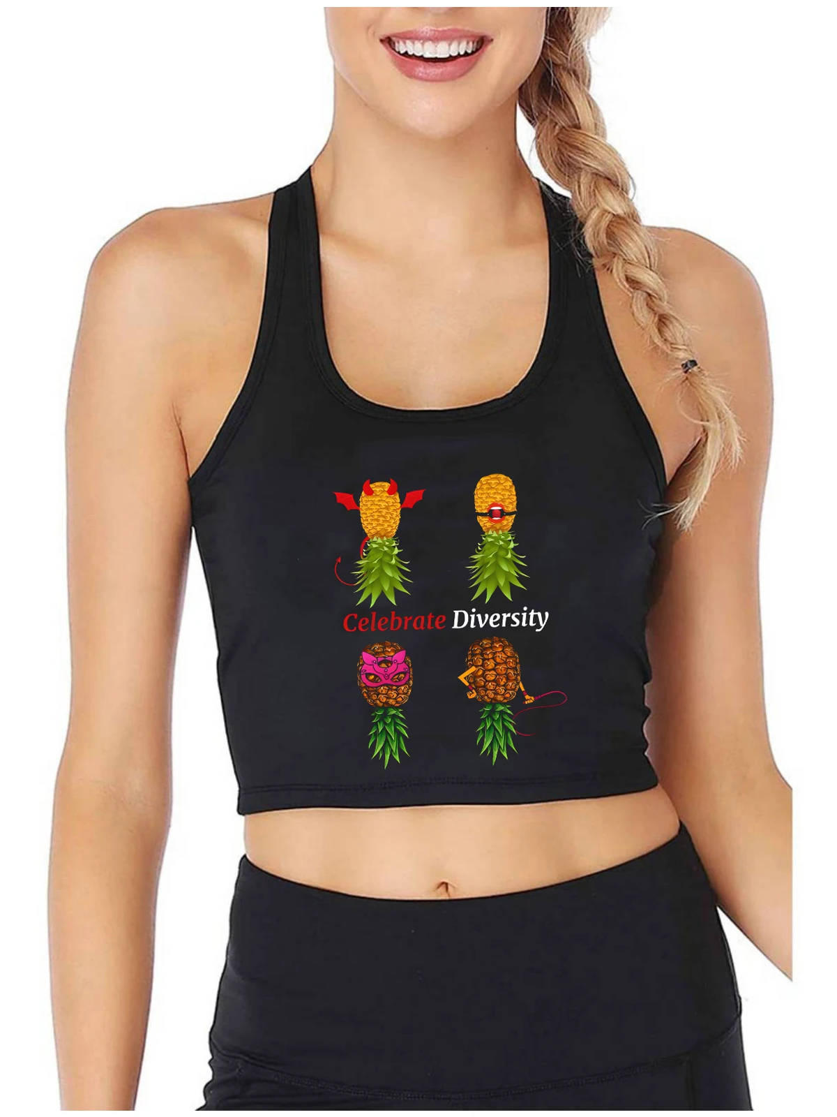 

Celebrate Diversity Design Pineapple Graphic Crop Top Hotwife Naughty Sexy Slim Fit Tank Tops Swingers Fun Flirtation Camisole