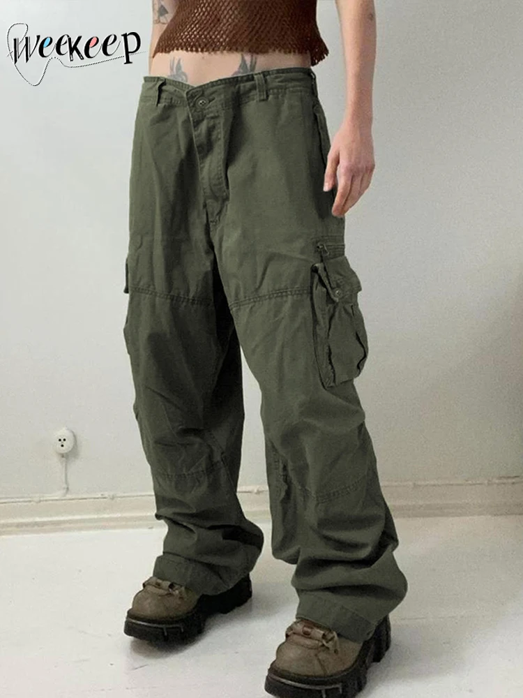

Weekeep/винтажные джинсы y2k, 90s, уличная одежда, с низкой посадкой, с карманами, в стиле пэчворк, мешковатые, зеленые брюки-карго, женские джинсовы...