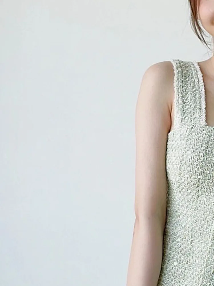 

Women Tweed Sling Dress 2022 Summer new Square Neck Sleeveless Off-shoulder Female A-line Mini Robes