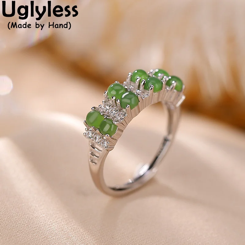 

Uglyless MINI Jasper Beads Rings Sparkly Crystals Zircons Rings Shining Glossy 925 Sterling Silver Rectangle Jewelry Green Jade