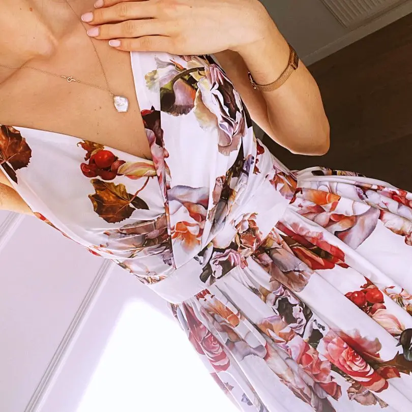 

Women Sexy Backless Spaghetti Sleeveless Long Dresses Summer New V-neck Floral Print Off Shoulder Casual Split Slim Dress Femme