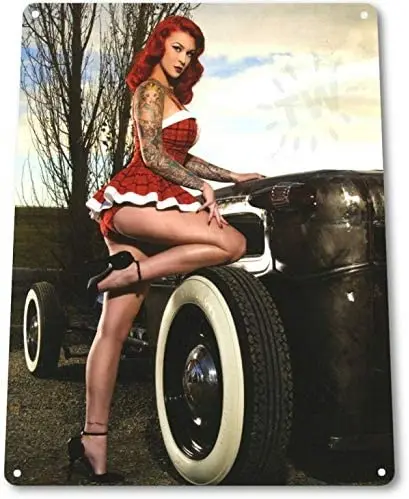 

PixDecor Red Rider Pinup Girl Sexy Hot Rod Car Garage Auto Shop Wall Decor Metal SignFunny Tin Sign Metal Sign Metal Decor Wall