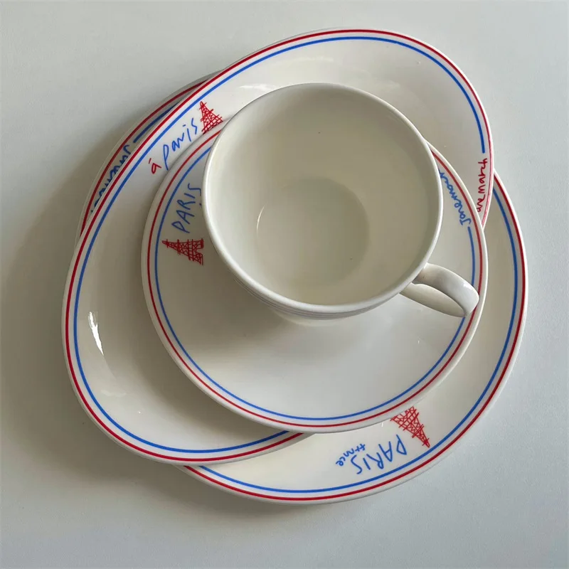 

French Retro Red and Black Letters Ceramic Tableware Set Ceramic Plate Home Breakfast Plate Fish Plate Dessert Plate Restaurant.