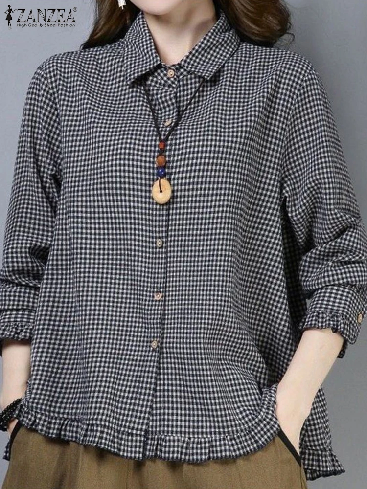 ZANZEA модные рубашки с воротником лацканами богемные топы рюшами по краю