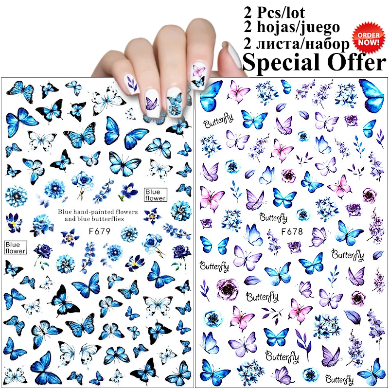 

2 Sheets Nail Stickers 3D Butterfly Design Manicure Flower Leaves Nail Art Decoration Slider Self-Adhesive Stickers For Nails