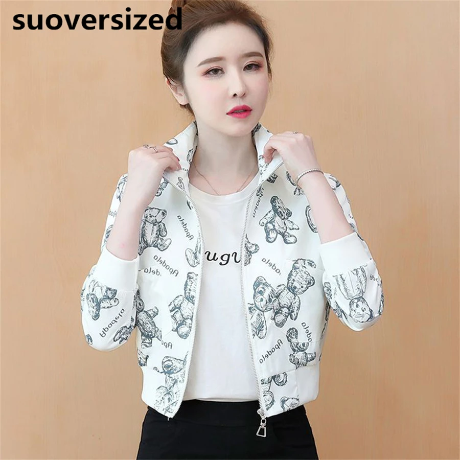 

Короткие куртки с мультяшным принтом в Корейском стиле, весна-осень, Женская Повседневная элегантная верхняя одежда, модные женские куртки, 2023 пальто