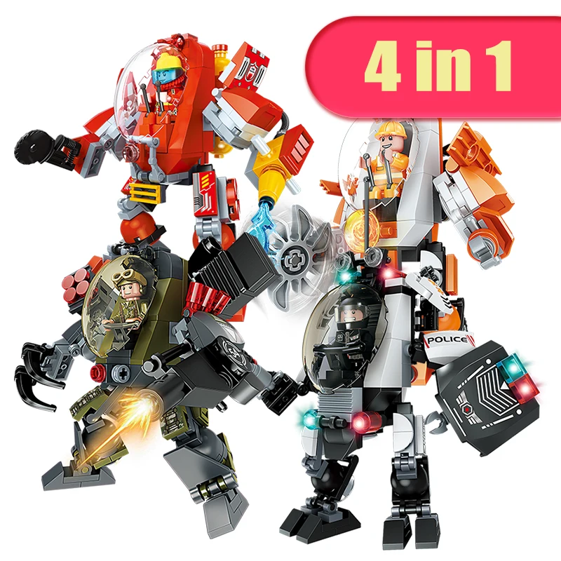 

M MENBIS 4 In 1 City Police Engineer Robot Mecha Building Blocks Action Figures Dolls Bricks Birthday Gifts Toys for Kids Boys