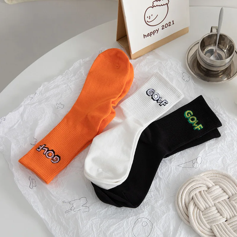 

Letter Ribbed Socks Women Orange Fashion Cotton Sock Woman Long Breathable Sock Spring Autumn Casual Soft Sports Skate Socks