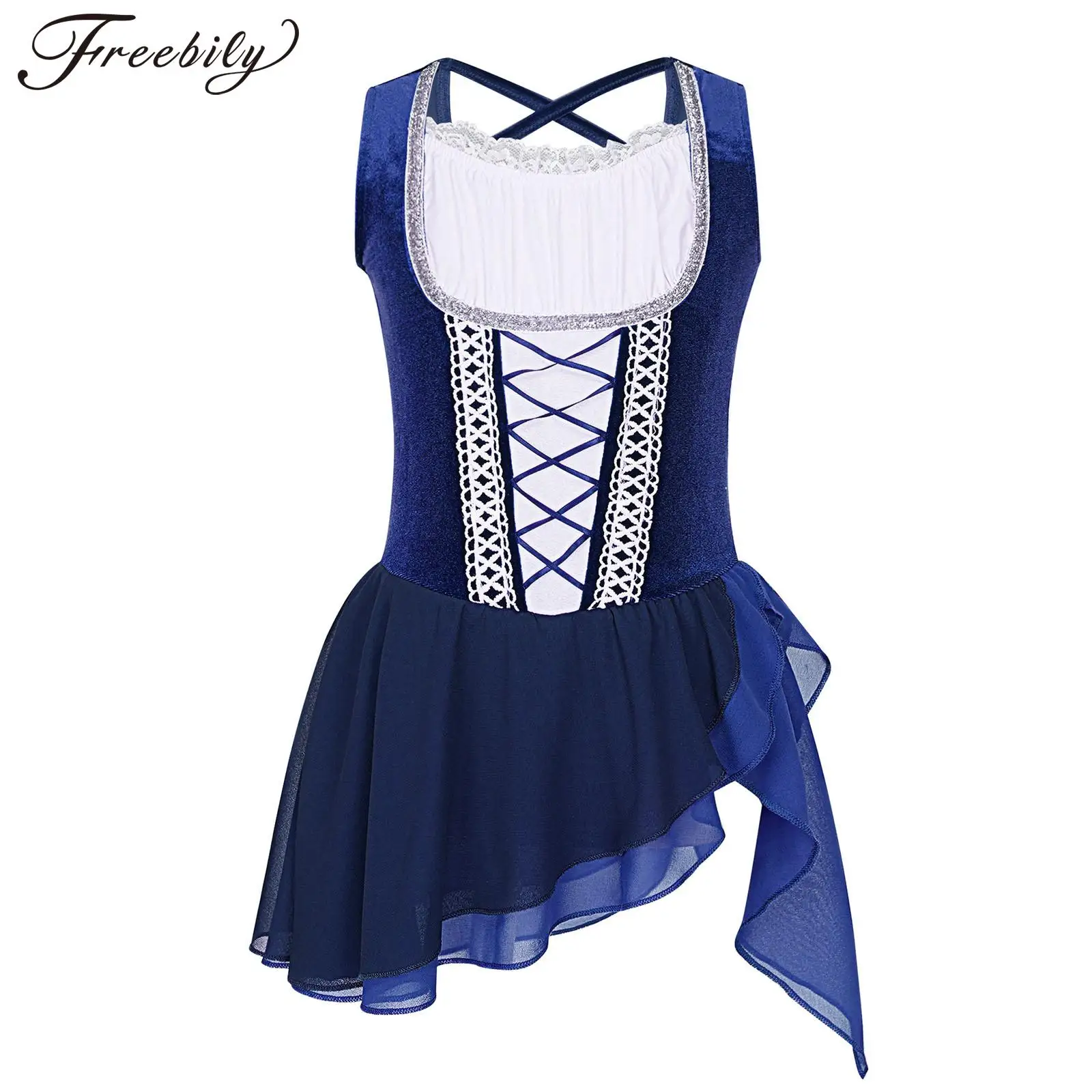 

Kids Girls Figure Skating Dance Dress Sleeveless Lace Chiffon Tutu Ballet Gymnastics Leotard Dancer Stage Performance Dancewear