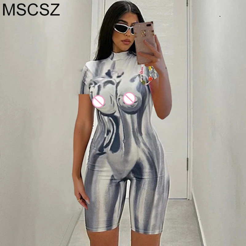 3D Body Print Jumpsuit Mock Neck Short Sleeve Bodycon Sexy Body Women Tight-fitting Summer Playsuit Romper Short Jumpsuits Y2K