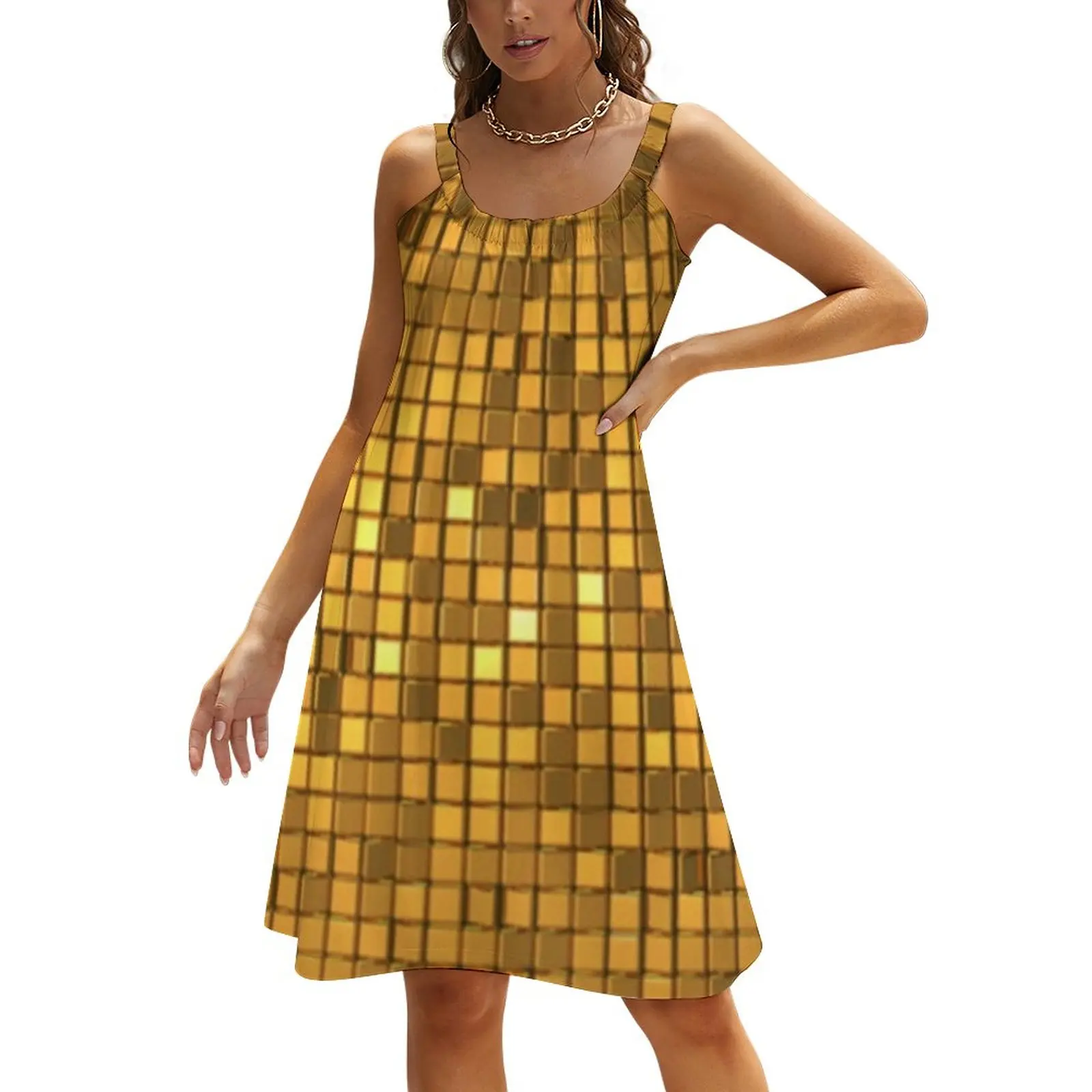 

Disco Ball Print Dress Golden Shiny Sexy Dresses Ladies Sleeveless Casual Sundress Date Print Oversize Vestidos