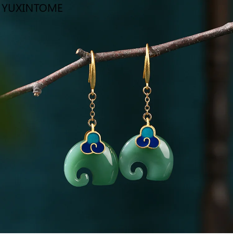

YUXINTOME 925 Sterling Silver Needle Chinese Classical Studs Earrings Auspicious Clouds Elephant Pendant Jewelry For Women
