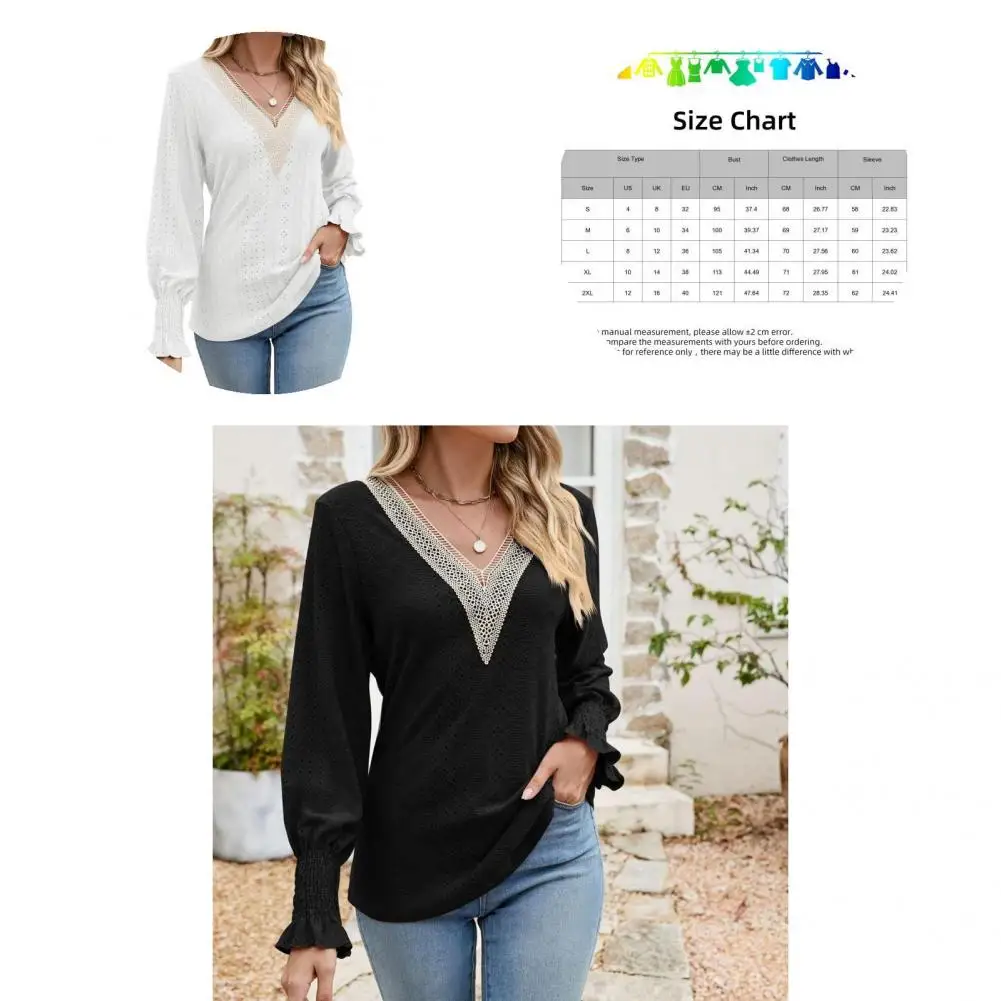 

Women Lightweight Top Solid Color Shirt Elegant Lace Patchwork Blouse V Neck Ruffle Cuffs Soft Mid Length Sleeves for Lady's