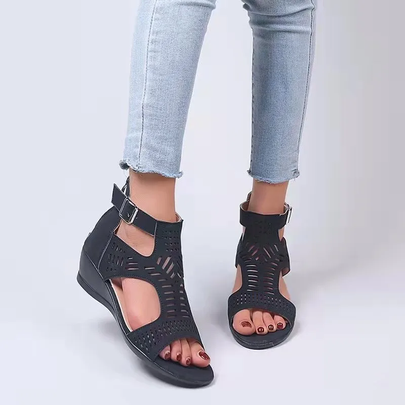 Women's Wedges Sandals Comfortable Outdoor Gladiator Platform Roman High Heels Shoes Party Hollow Out Thick Heel Zipper Shoes