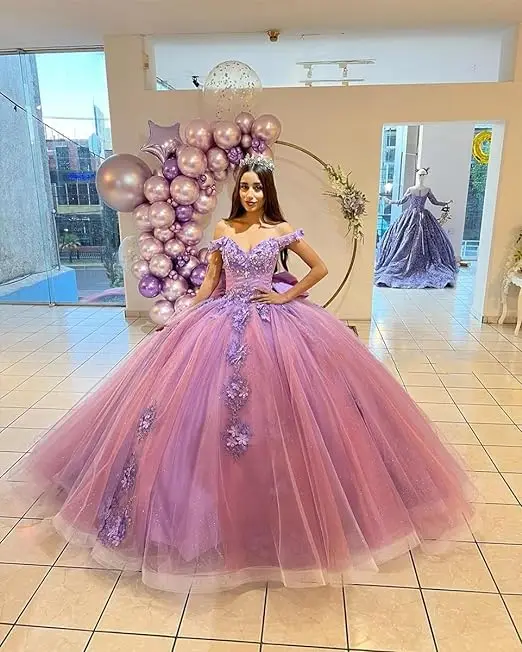 

Violet Princess Off The Shoulder Ball Gown Quinceanera Dress Beaded Birthday Prom Dresses Appliques Graduation Gown Lace Up Back