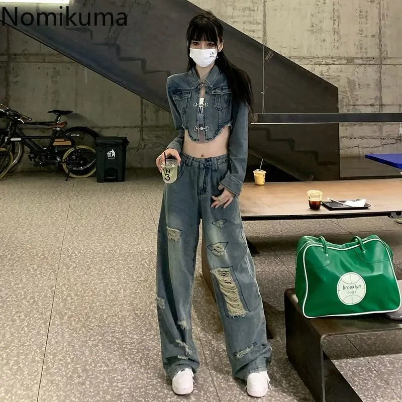 

Женская джинсовая куртка Nomikuma, демисезонная винтажная куртка с отложным воротником и асимметричным подолом и высокой талией, уличная одежд...