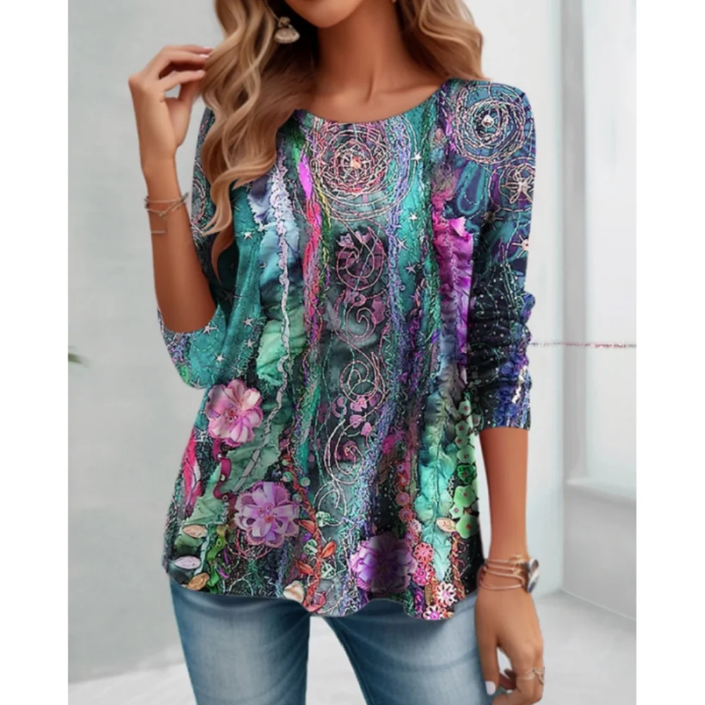 

Brand New Autumn 3D Flower Print Women Tshirt O-Neck Long Sleeve Round Neck Ladies T-Shirt Cotton Top Loose Everyday Streetwear
