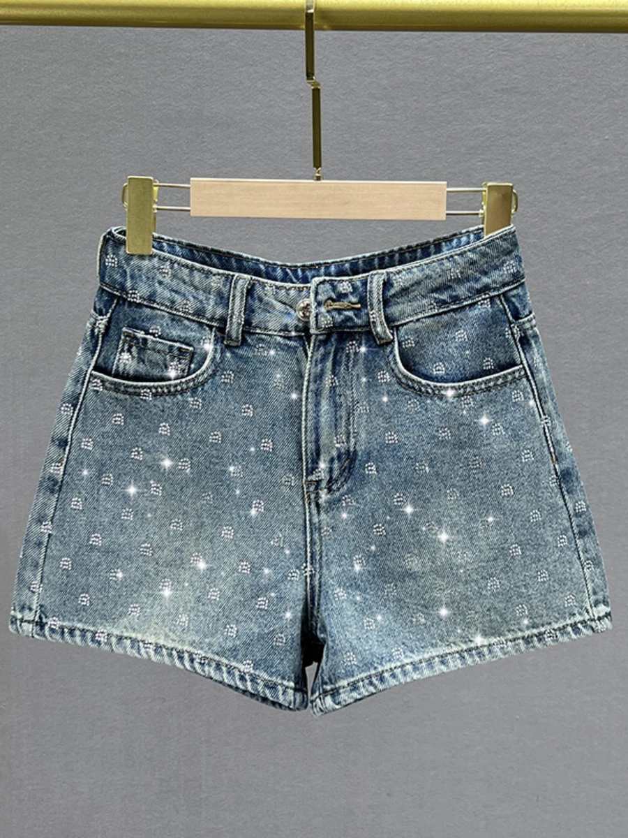 Hepburn 2023 New Summer Denim Shorts Women High Waisted Slim Fit Heavy Embroidery Hot Drilling Letters Balck Shorts Hot Pants