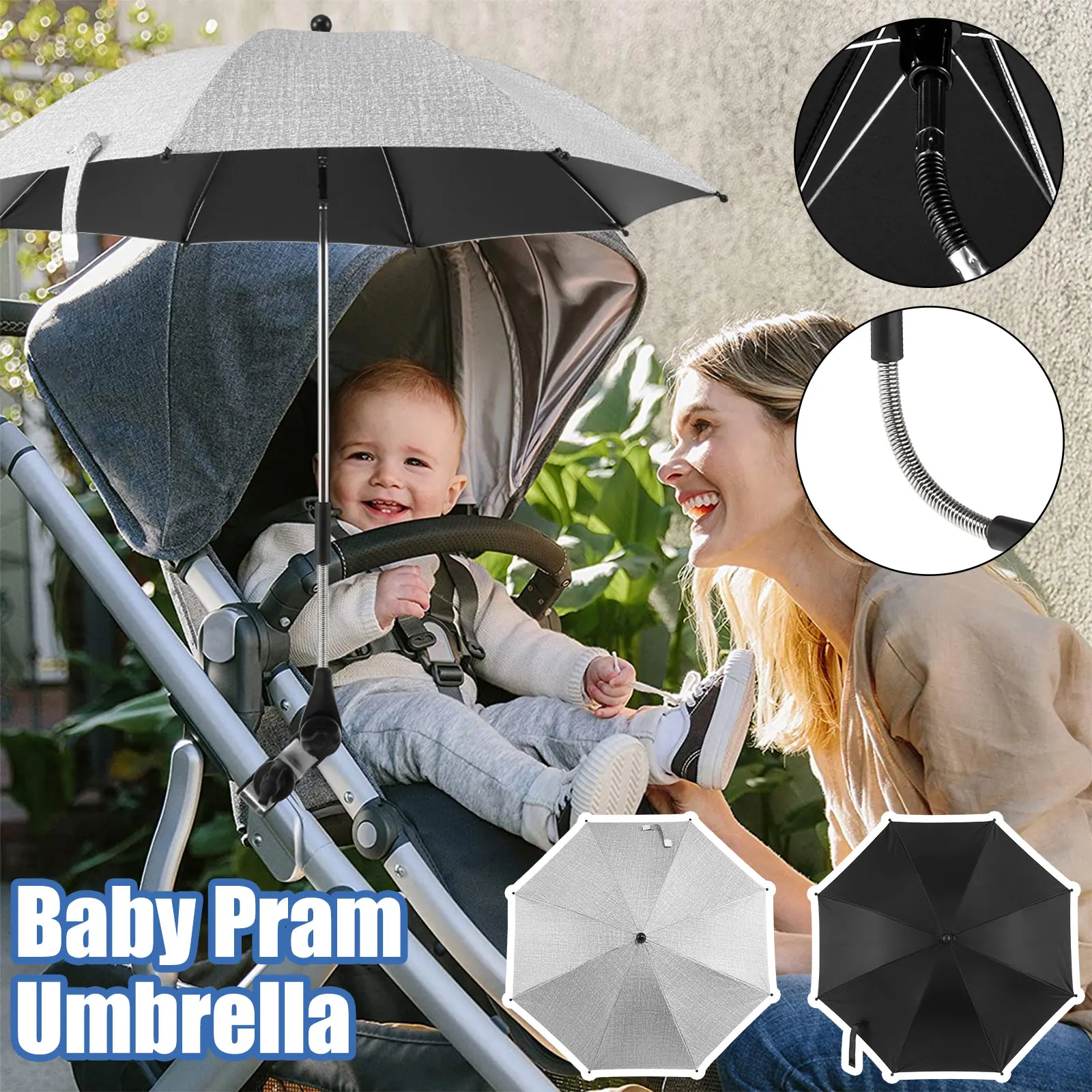 

Зонт для детской коляски с зажимом, диаметр 85 см, зонт для детской коляски, регулируемый зонт для детской коляски на 360 °, водонепроницаемый зонт для детской коляски