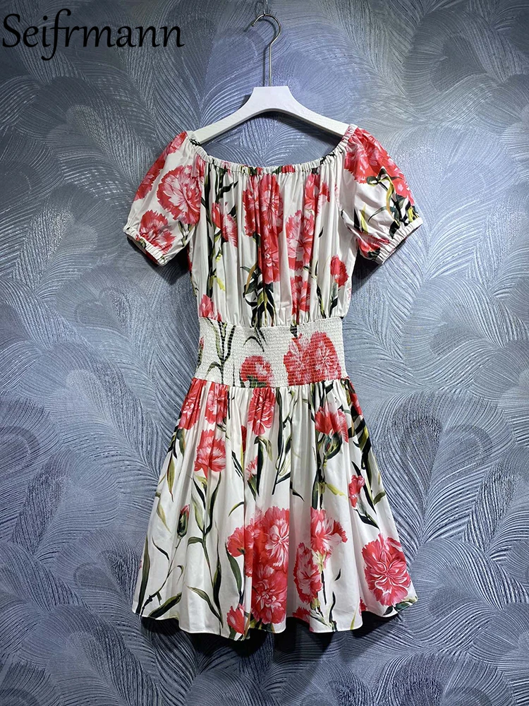 Seifrmann High Quality Summer Women Fashion Runway Carnation Print Dress Sexy Slash neck Elastic Waist Big Swing Cotton Dresses