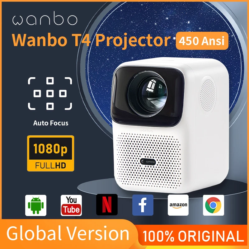 

Wanbo T4 Projector Android 9.0 Full HD 4K Projector 1920*1080P 450 Ansi Lumens Auto Focus Keystone Correction Home Outdoor Movie