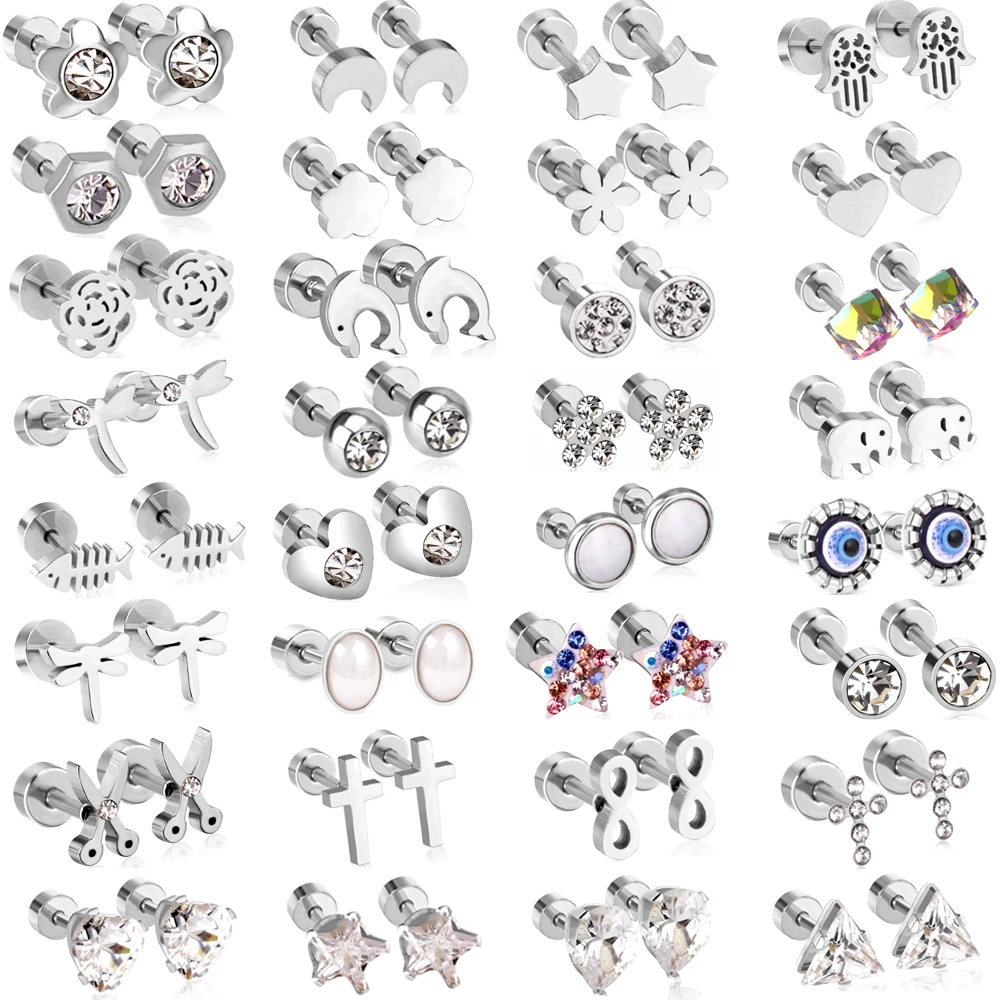 

32 Styles Wholesale Fashion Steel Stainless Steel Earrings Women Men's Barbell Dumbbell Punk Gothic Stud Earring For men