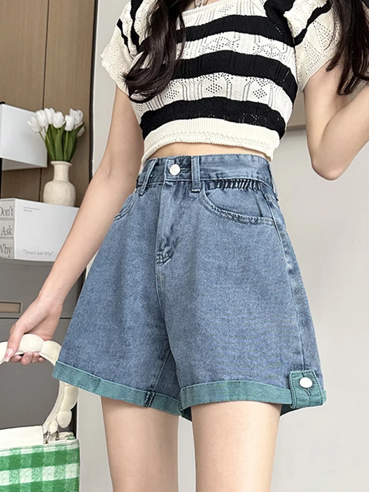 New Spring Summer Women Retro Elastic Waist Loose Denim Shorts Streetwear Female Wide Leg Jeans Shorts Bottoms
