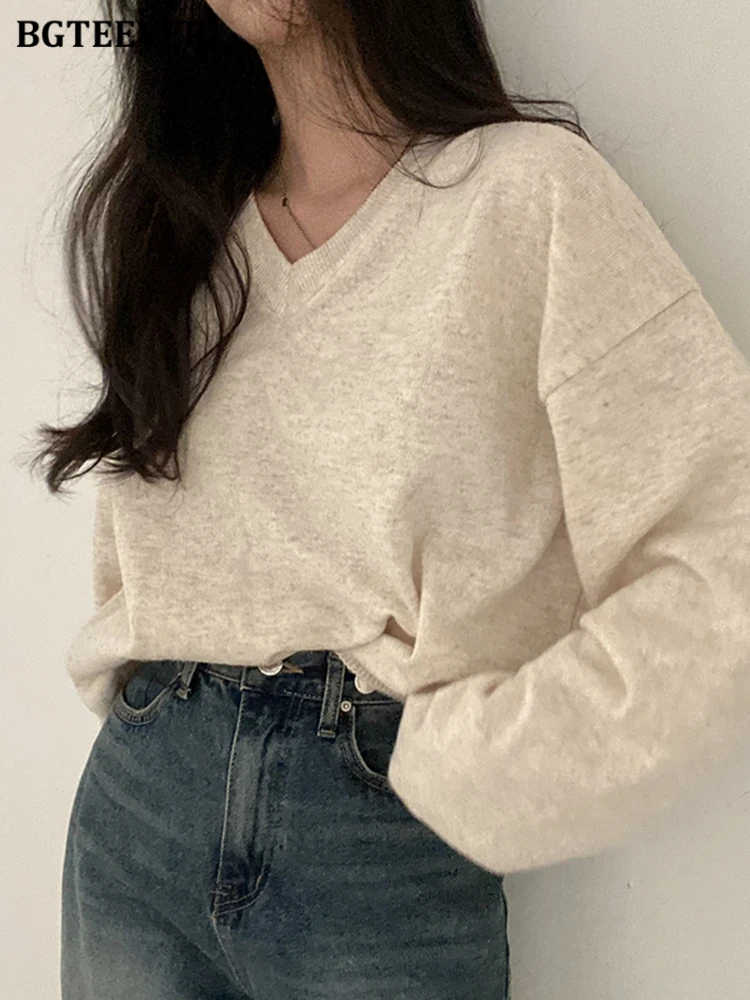

BGTEEVER Autumn Winter Ladies Knitwear Tops Casual Loose Female Knitted Pullovers V-neck Long Sleeve Women Sweaters Jumpers