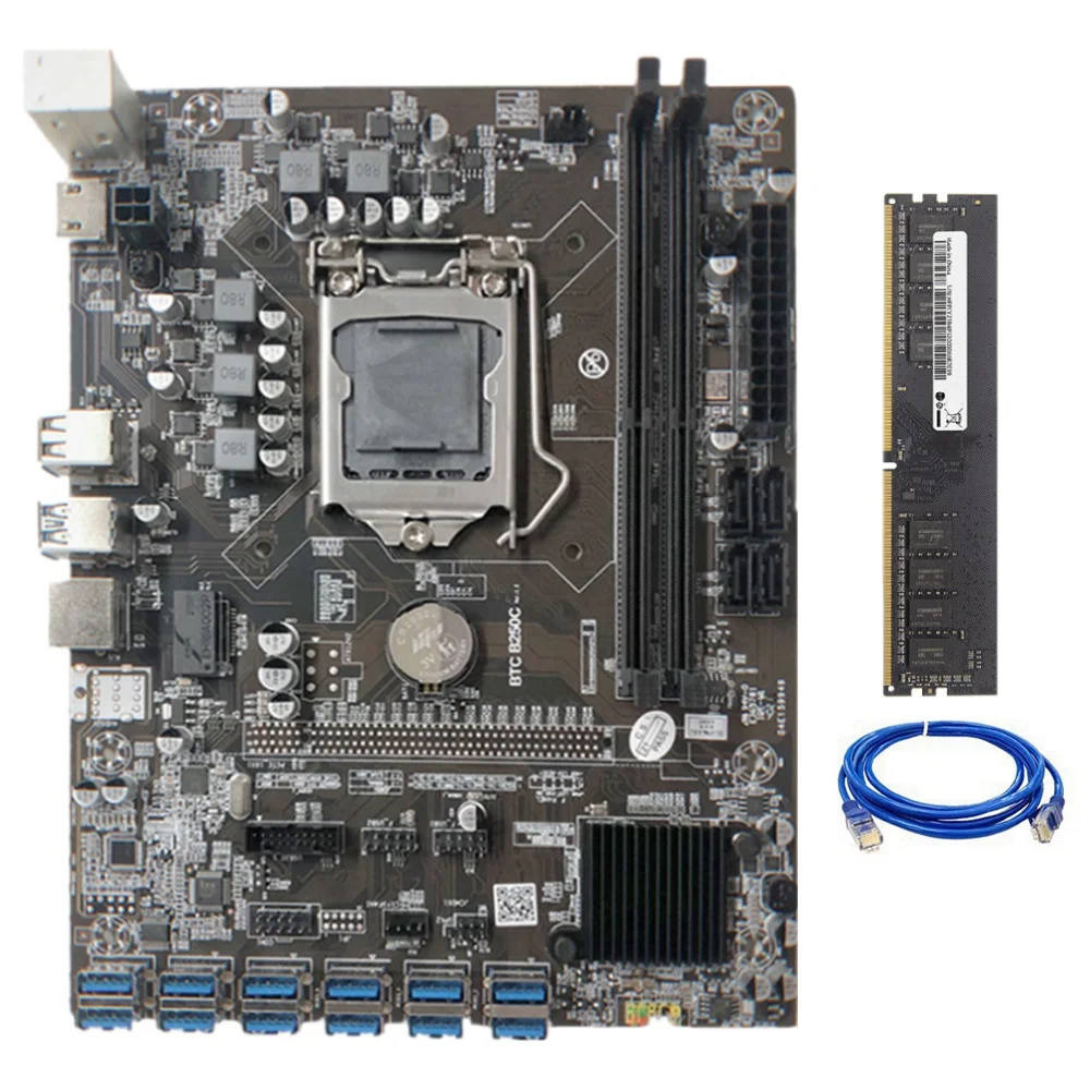

Материнская плата для майнинга B250C с 1XDDR4 8G 2133 МГц ОЗУ + кабель RJ45 12xpcie на USB3.0, слот для карты, плата для BTC