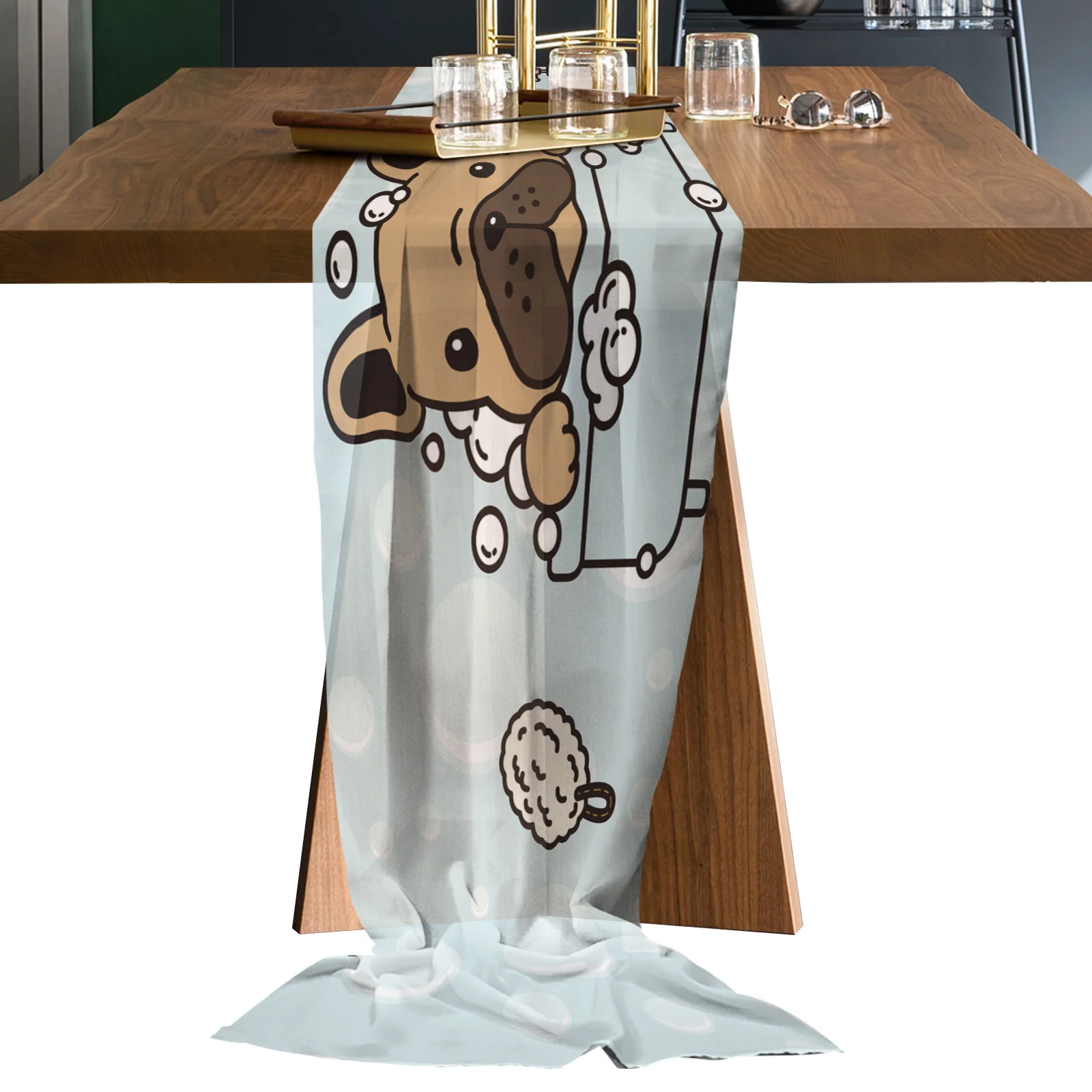 

Pug Shower With Bubbles Dog Bath Chiffon Table Runners Wedding Party Decor Tablecloth Gauze Table Runner for Home Coffee Table