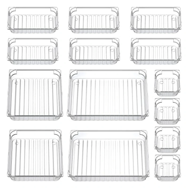 

14 Desk Drawer Organiser Trays, Clear Vanity Drawer Dividers Makeup Cosmetic Organizers For Bedroom Kitchen Office
