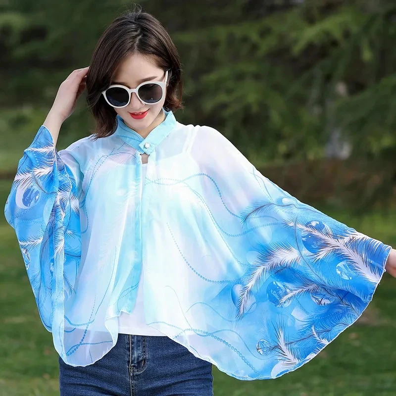 

Sunscreen Cloak Shawl Women's Summer Cycling Driving Cape Chiffon Beach Button Silk Scarf Folk-Custom Cardigan Women Blue Pink