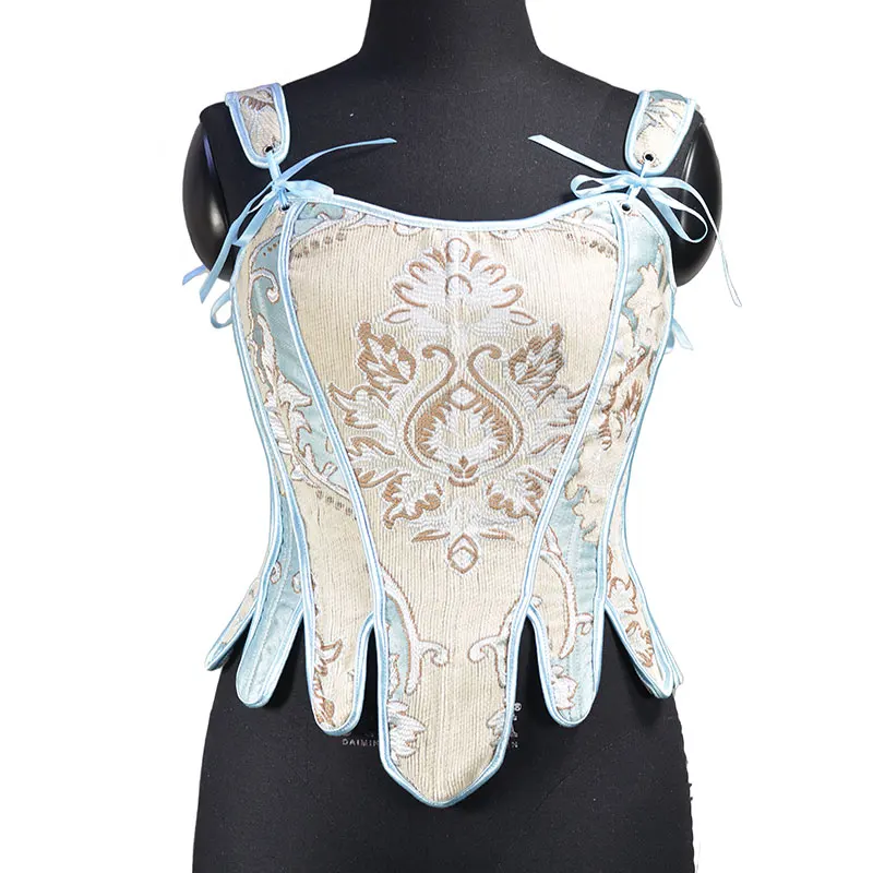 Women Spring Vintage Elegant Slim Floral Sky Blue Vest Retro Court Style Lovely Style Cute Bow Lolita Vests Corset Top