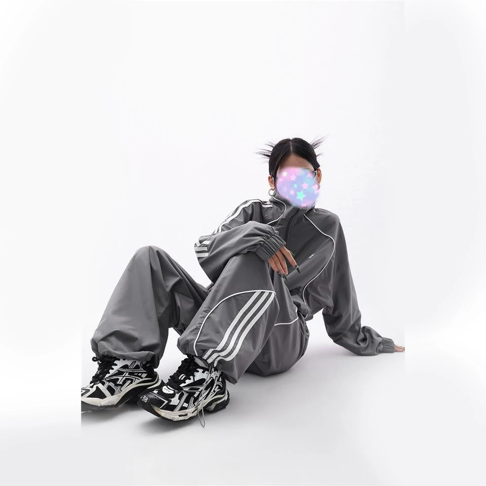 Spring Top Ladies Outdoor Sports Two-piece suit Grey Sport Coat Fashionable Loose Sweatpants Ladies Outdoor Training Jacket